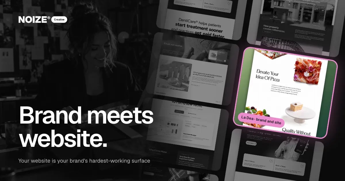 A wall of greyscale website screenshots with one full-colour La Dea site lit up, captioned brand and site.